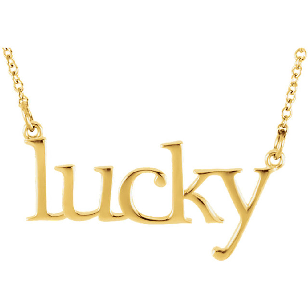 This lovely "Lucky" pendant is crafted in 14K yellow gold and comes with a 16.40 inch necklace. 