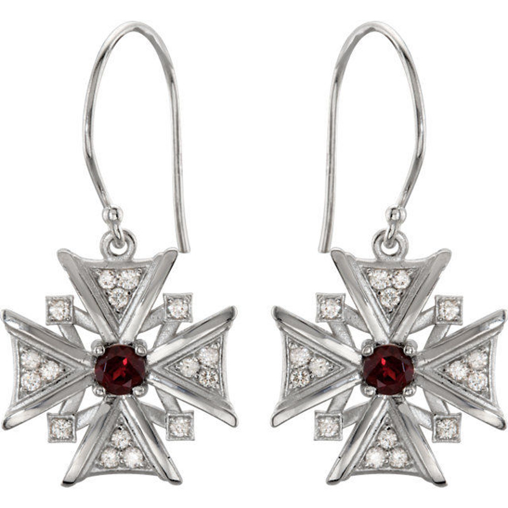  Treat the woman of faith to these dazzling vintage-inspired cross dangle earrings. Expertly crafted in 14K white gold, each dangle features garnet mozambique stones & diamonds, a brilliant expression of her beliefs. 