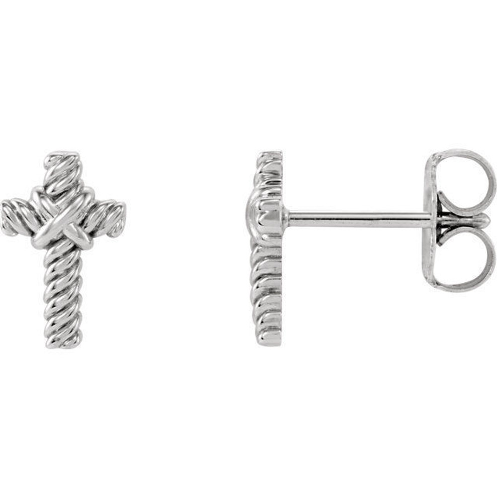 These small stud earrings feature a decorative Rope Cross designed from polished 14k white gold with a friction back post. It is approximately 6mm (1/4 inch) in width by 9mm (3/8 inch) in length.