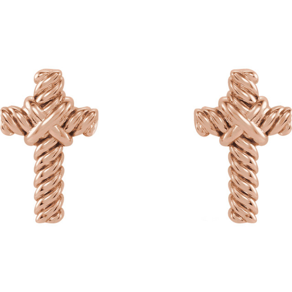 These small stud earrings feature a decorative Rope Cross designed from polished 14k white gold with a friction back post. It is approximately 6mm (1/4 inch) in width by 9mm (3/8 inch) in length.