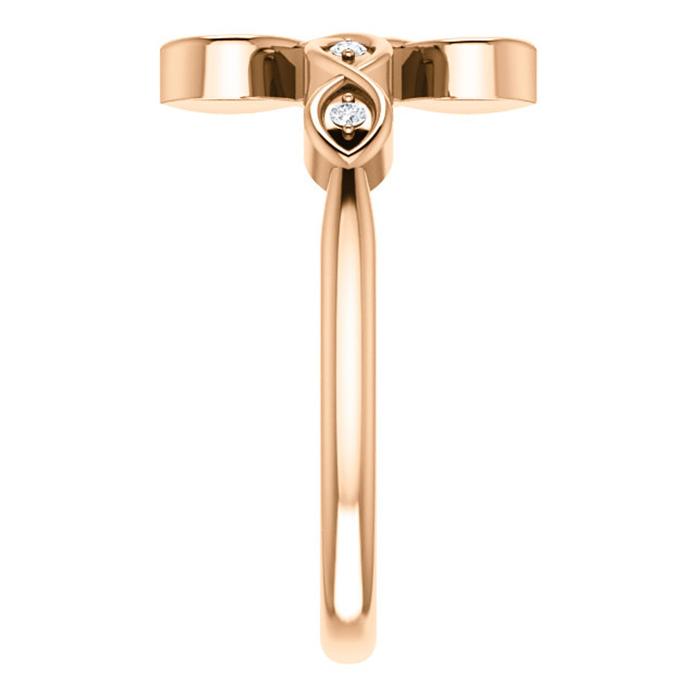 Finally. You've found the one piece of jewelry to complete your collection with this elegant sideways diamond cross fashion ring in 14k rose gold.

Featuring an entrancing diamond sideways cross for women shining with 6 grand diamonds totaling an illustrious 0.05 carats. The set stones glint along the 14k rose gold finish and might just make your friends a little jealous.