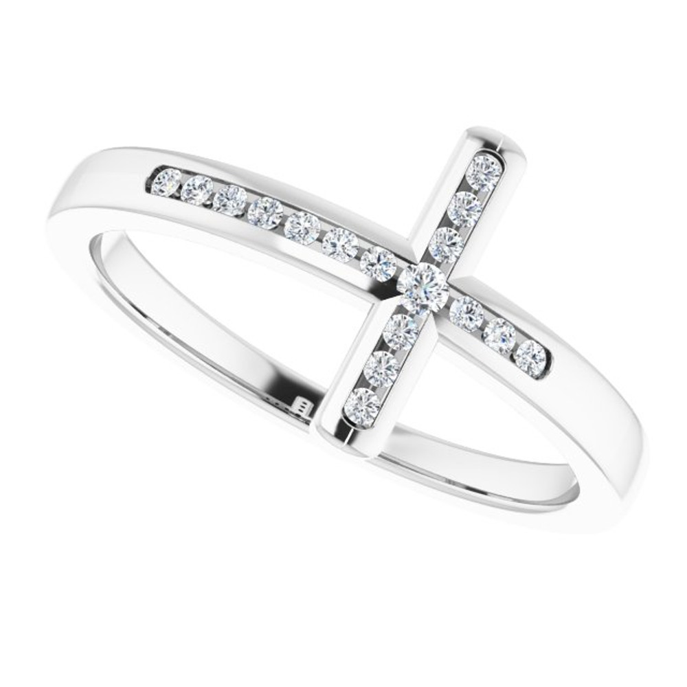 Share your faith for all to see with this sparkling diamond cross ring. Created in Sterling Silver this design features a traditional cross outlined with shimmering diamonds and turned on its side. Certain to become a treasured favorite, this ring captivates with 1/10 ct. t.w. of diamonds and a polished shine. 