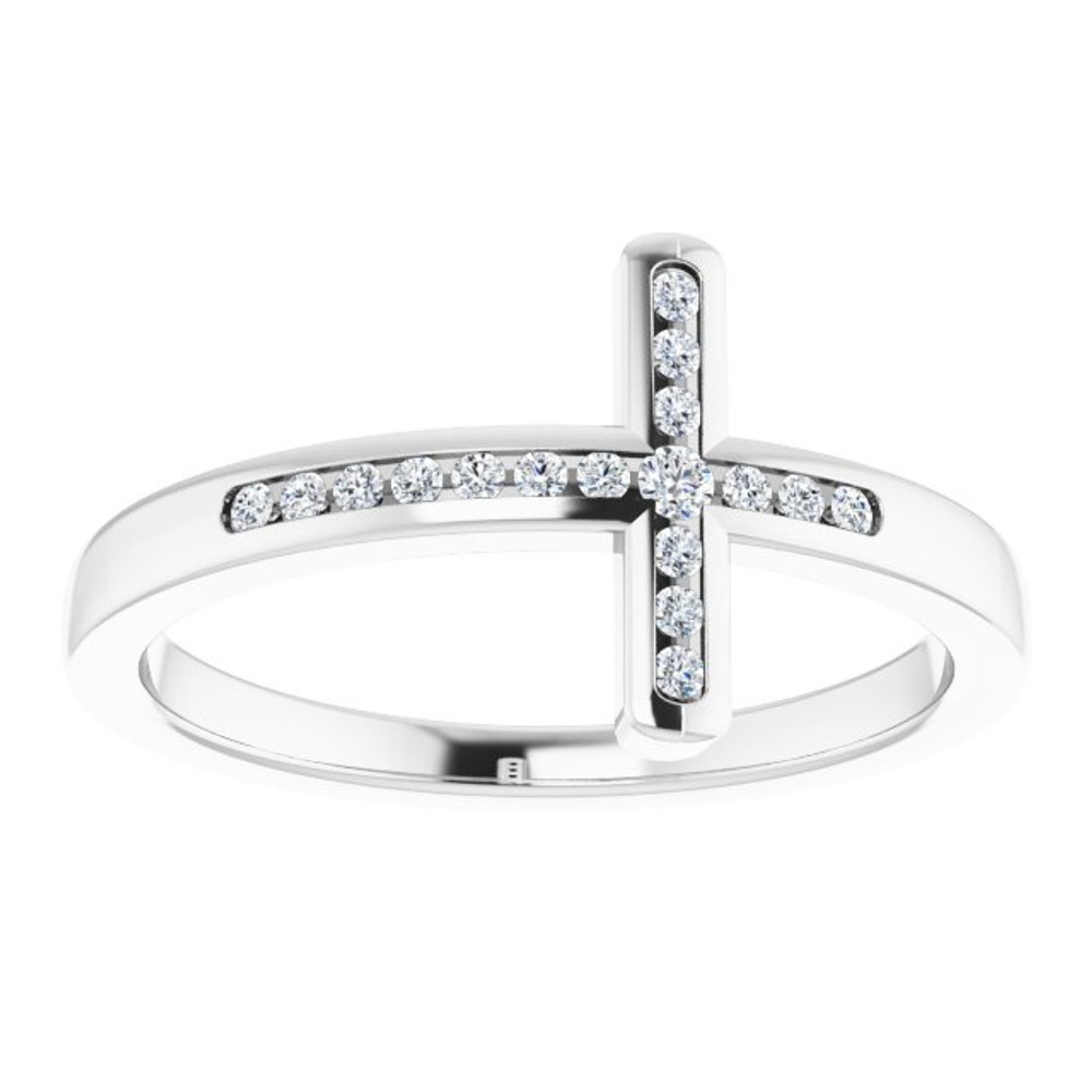 Share your faith for all to see with this sparkling diamond cross ring. Created in Sterling Silver this design features a traditional cross outlined with shimmering diamonds and turned on its side. Certain to become a treasured favorite, this ring captivates with 1/10 ct. t.w. of diamonds and a polished shine. 