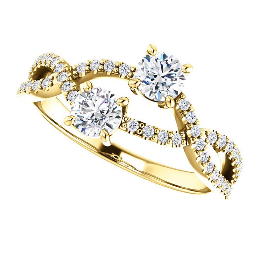 Made in yellow gold, this exquisite design features 2 diamonds accented with 48 round cut diamonds, representing both your friendship and loving commitment.