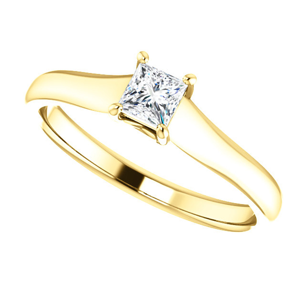 Simple, sleek and so stunning, take her breath away with this exquisite diamond engagement ring. Fashioned in cool 14k yellow gold, the eye is drawn to the 1/2 ct. round diamond center stone standing tall in a traditional four-prong setting.