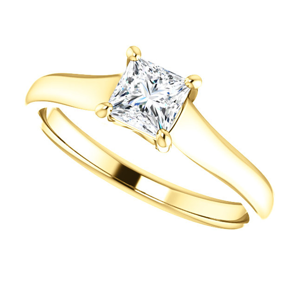 Simple, sleek and so stunning, take her breath away with this exquisite diamond engagement ring. Fashioned in cool 18k yellow gold, the eye is drawn to the 1/2 ct. round diamond center stone standing tall in a traditional four-prong setting.