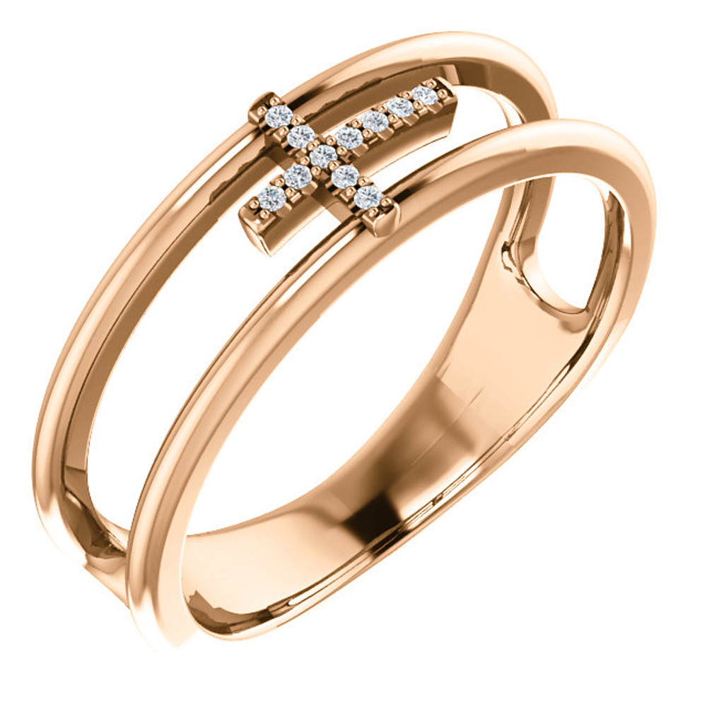 Exceptional 14Kt rose gold diamond negative space cross design is captured in the ring. Total weight of the gold is 3.91 grams. Diamonds are G-H in color and I1 or better in clarity.