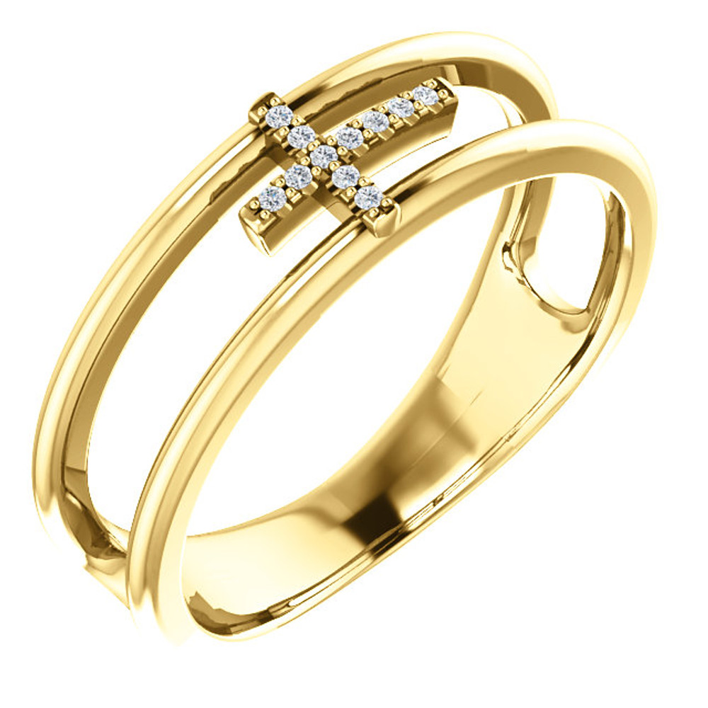 Exceptional 14Kt yellow gold diamond negative space cross design is captured in the ring. Total weight of the gold is 3.91 grams. Diamonds are G-H in color and I1 or better in clarity.