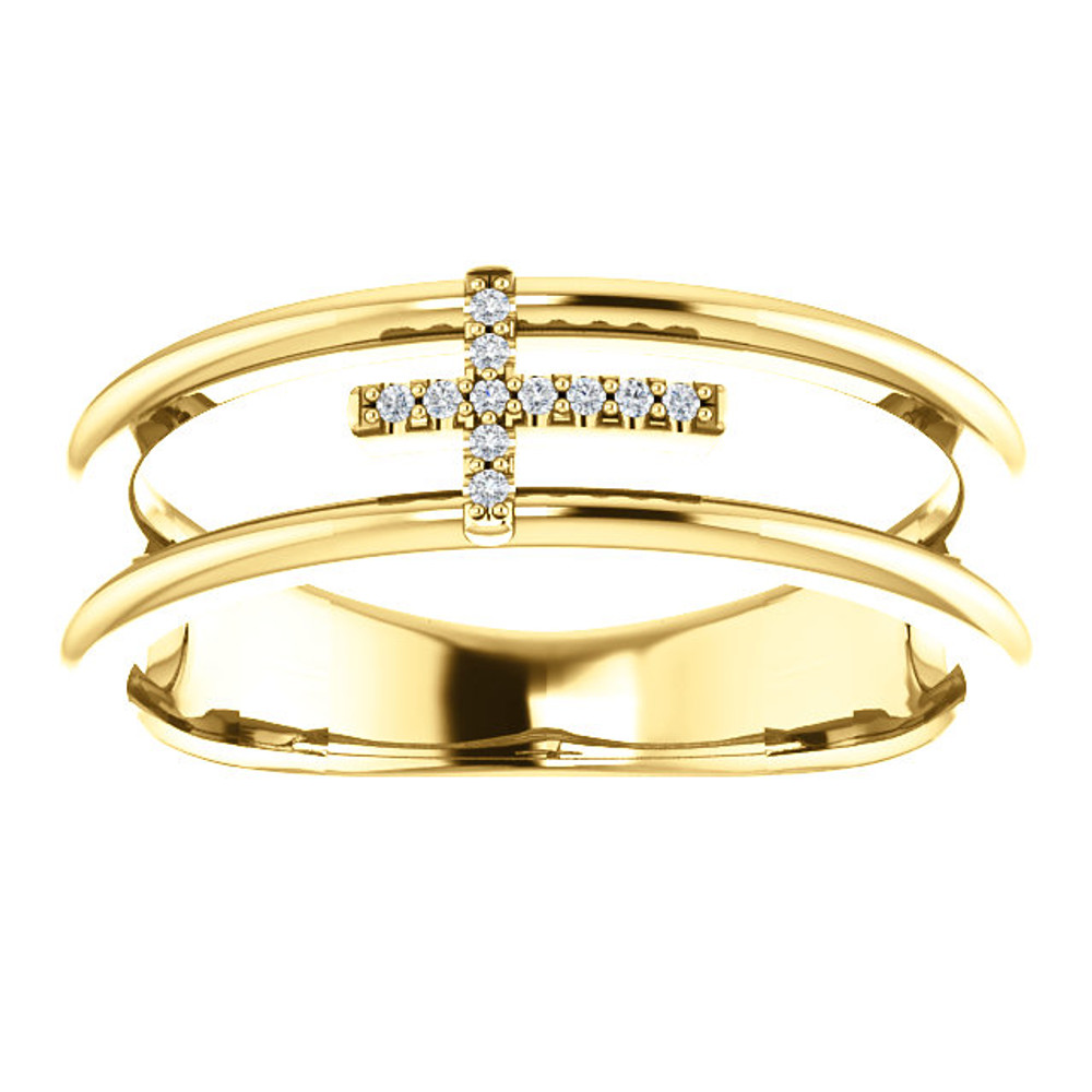 Exceptional 14Kt yellow gold diamond negative space cross design is captured in the ring. Total weight of the gold is 3.91 grams. Diamonds are G-H in color and I1 or better in clarity.