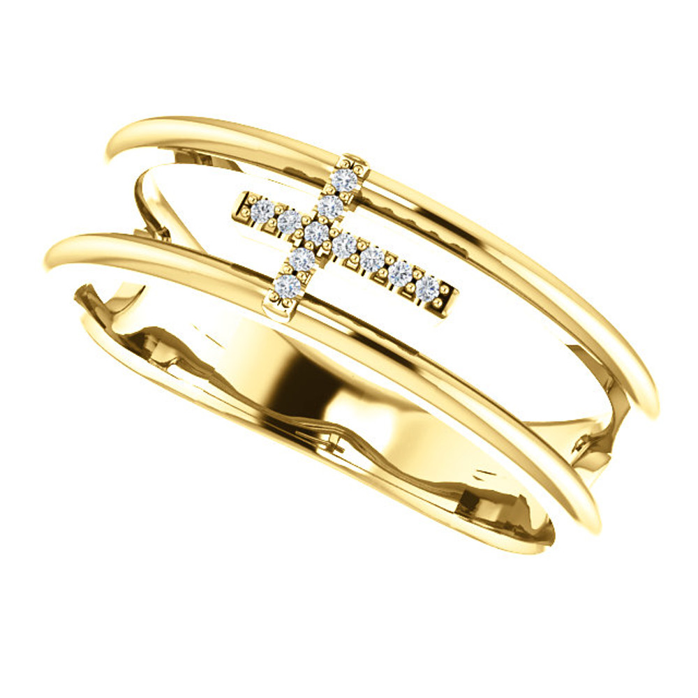 Exceptional 14Kt yellow gold diamond negative space cross design is captured in the ring. Total weight of the gold is 3.91 grams. Diamonds are G-H in color and I1 or better in clarity.