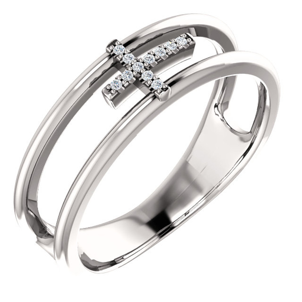 Exceptional Sterling Silver diamond negative space cross design is captured in the ring. Total weight of the gold is 3.07 grams. Diamonds are G-H in color and I1 or better in clarity.