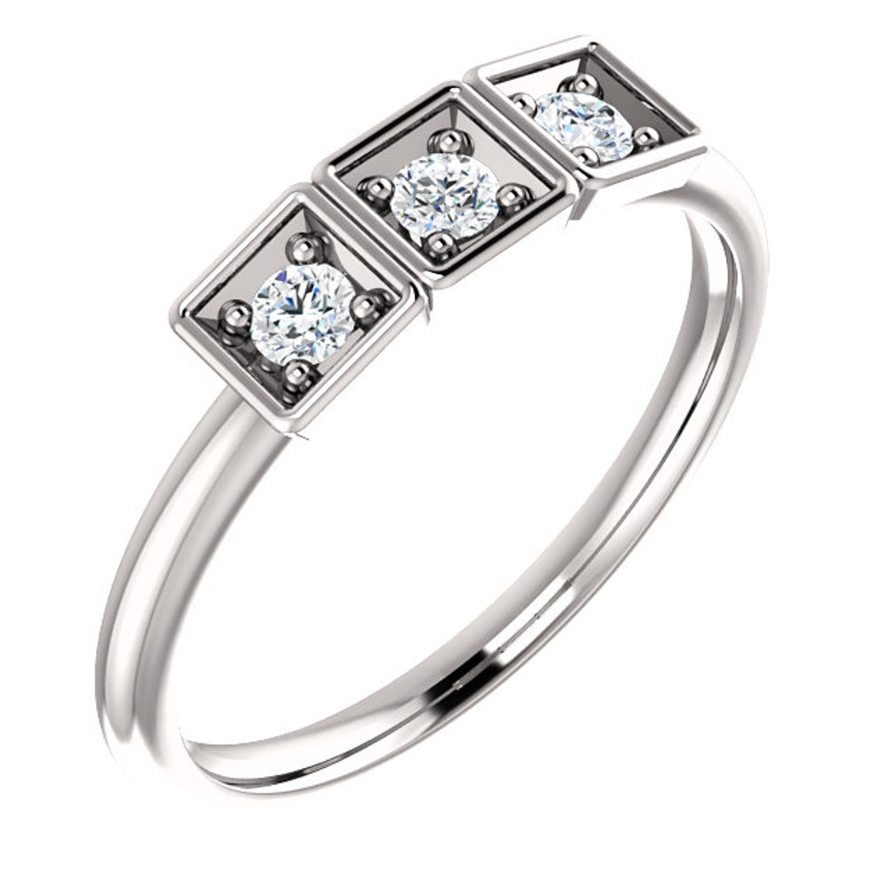 Celebrate a special occasion with this sparkling three-stone diamond ring. This lovely, 1/5 ct. tw. diamond three-stone stackable ring is fashioned from high-polished sterling silver. Diamonds are G-H in color and I1 or better in clarity.