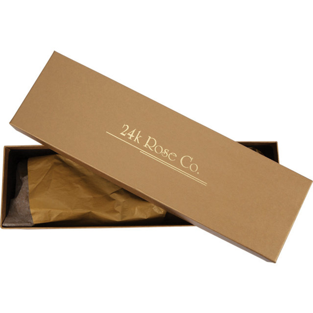 Real semi-opened rose petals dipped in lacquer and trimmed in 24kt gold. Stems are approximately 12" long and are gold plated. Each rose is elegantly wrapped in gold tissue and packaged in a gold, two-piece outer box.