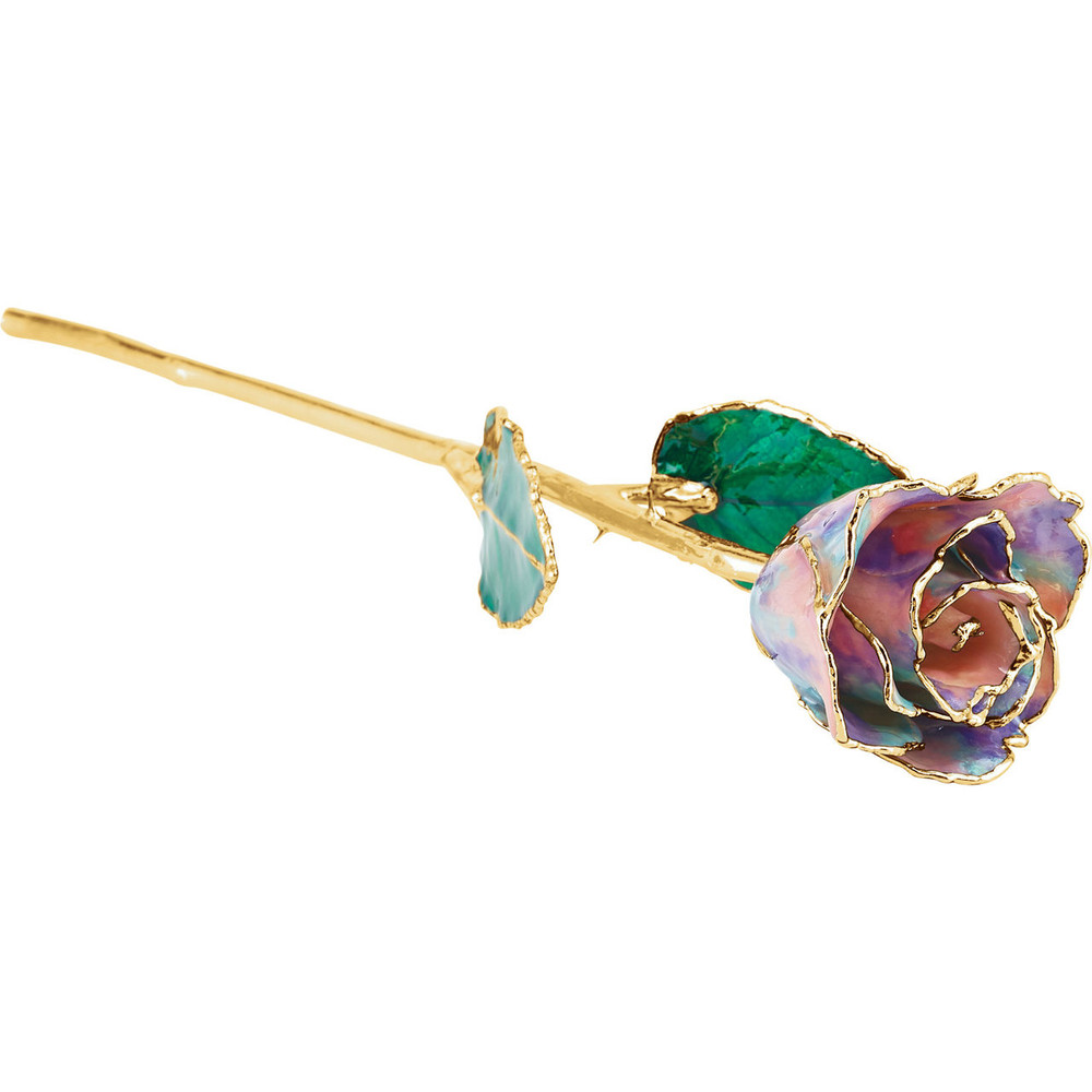 Real semi-opened rose petals dipped in lacquer and trimmed in 24kt gold. Stems are approximately 12" long and are gold plated. Each rose is elegantly wrapped in gold tissue and packaged in a gold, two-piece outer box.