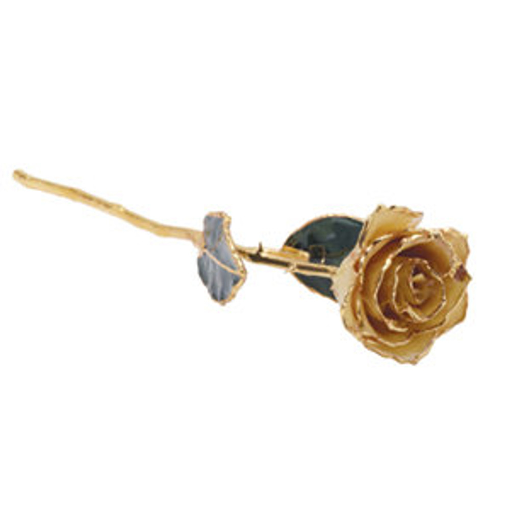 Real semi-opened rose petals dipped in lacquer and trimmed in 24kt gold. Stems are approximately 12" long and are gold plated. Each rose is elegantly wrapped in gold tissue and packaged in a gold, two-piece outer box.