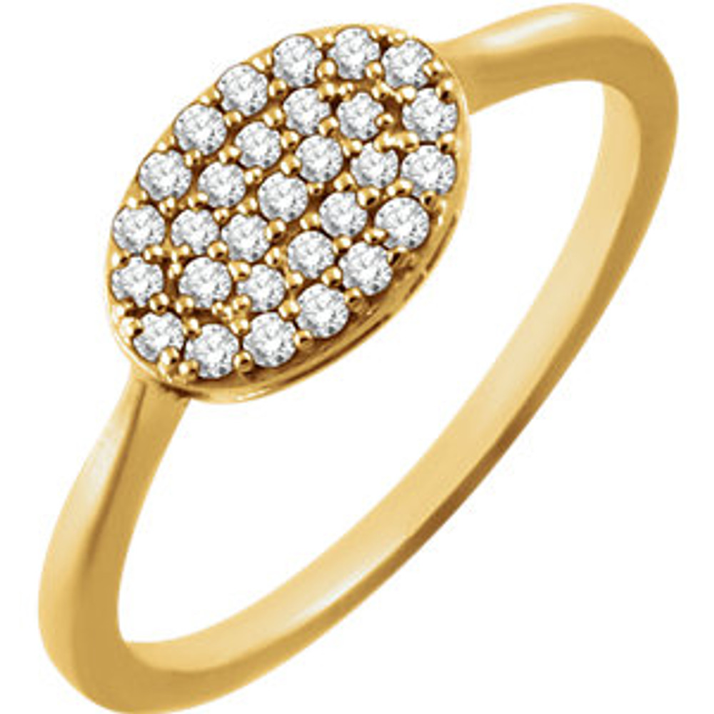 Chic, modern, playful, geometric, stunning, sharp, elegant, sophisticated and stylish... This diamond oval cluster ring really has a lot to say for itself. It contains 29 shimmering diamonds weighing 1/5 ct tw within a dazzling oval shape. It's design seems simple, but also evokes elegance. It is pictured here in 14kt yellow gold.