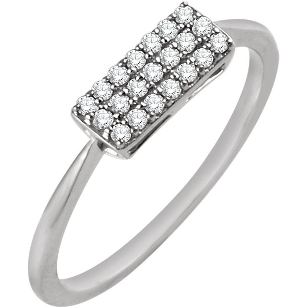 Chic, modern, playful, geometric, stunning, sharp, elegant, sophisticated and stylish... This diamond rectangle cluster ring really has a lot to say for itself. It contains 21 shimmering diamonds weighing 1/6 ct tw within a dazzling oval shape. It's design seems simple, but also evokes elegance. It is pictured here in 14kt white gold.