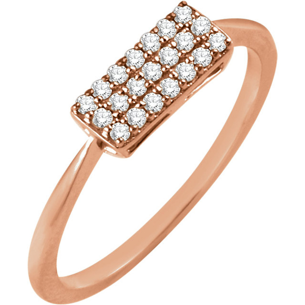 Chic, modern, playful, geometric, stunning, sharp, elegant, sophisticated and stylish... This diamond rectangle cluster ring really has a lot to say for itself. It contains 21 shimmering diamonds weighing 1/6 ct tw within a dazzling oval shape. It's design seems simple, but also evokes elegance. It is pictured here in 14kt rose gold.