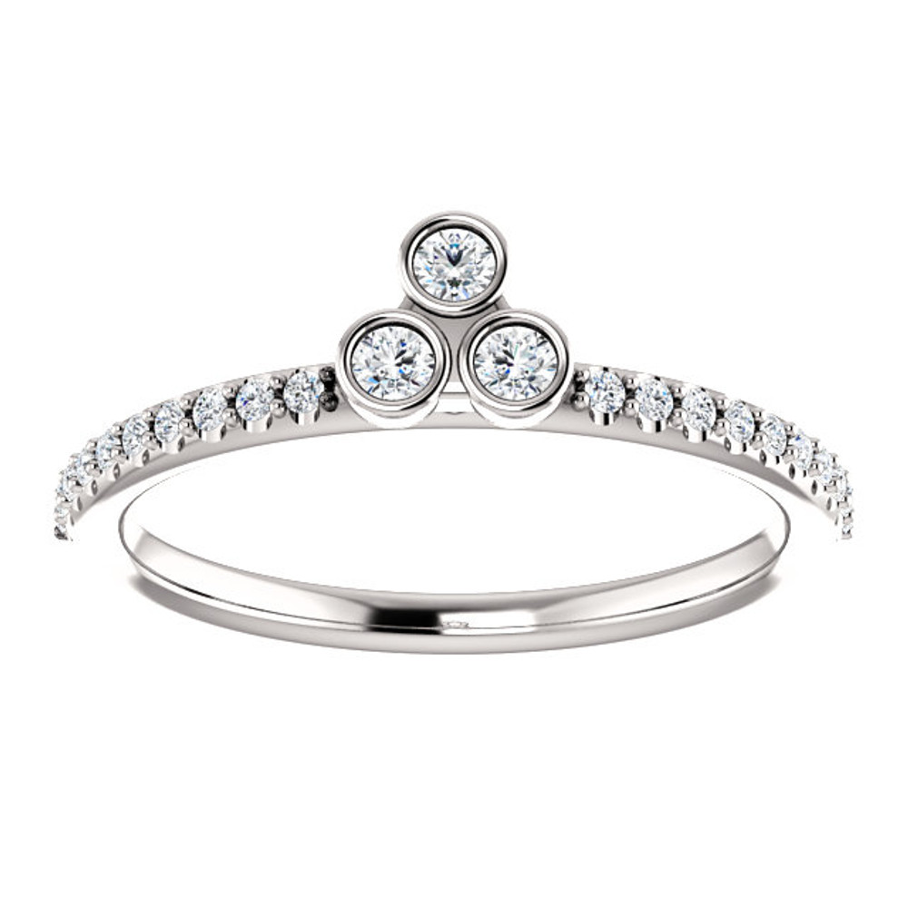 Celebrate a special occasion with this sparkling three-stone asymmetrical stackable diamond ring. This lovely, 1/5 ct. tw. diamond three-stone stackable ring is fashioned from high-polished 14K white gold. Diamonds are G-H in color and I1 or better in clarity.