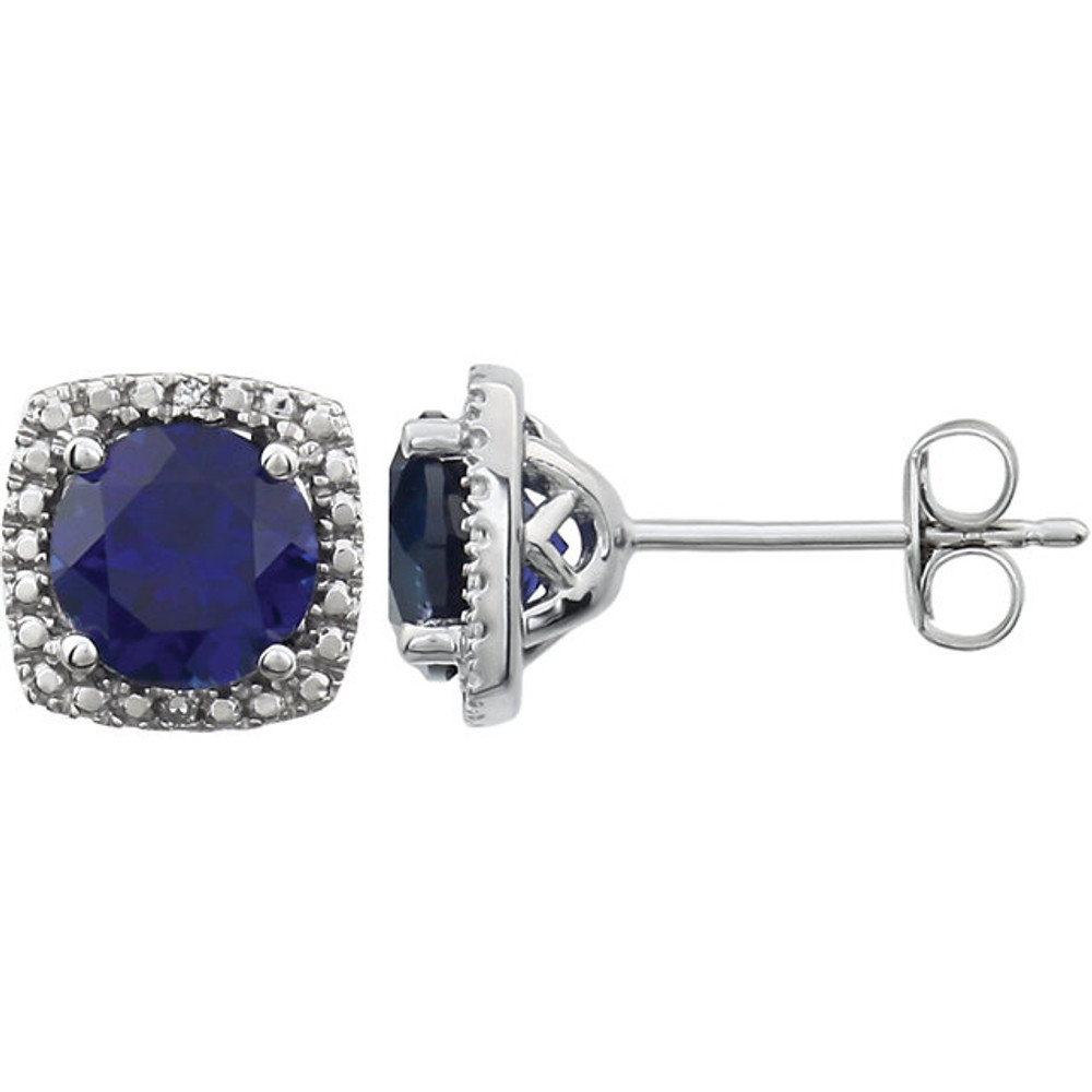 Beautiful sterling silver created blue sapphire september birthstone diamond earrings with .015 ct tw. Say "I love you" to any woman in your life; a friend, mother, wife, girlfriend, daughter. All earrings are sold in pairs.