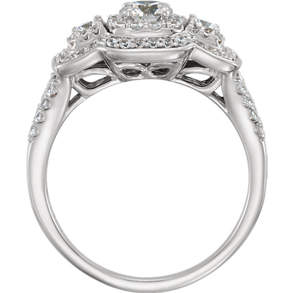  Create a breathtaking moment with this decadent three stone halo-style diamond engagement ring, deftly framed against immaculate 14k white gold. 