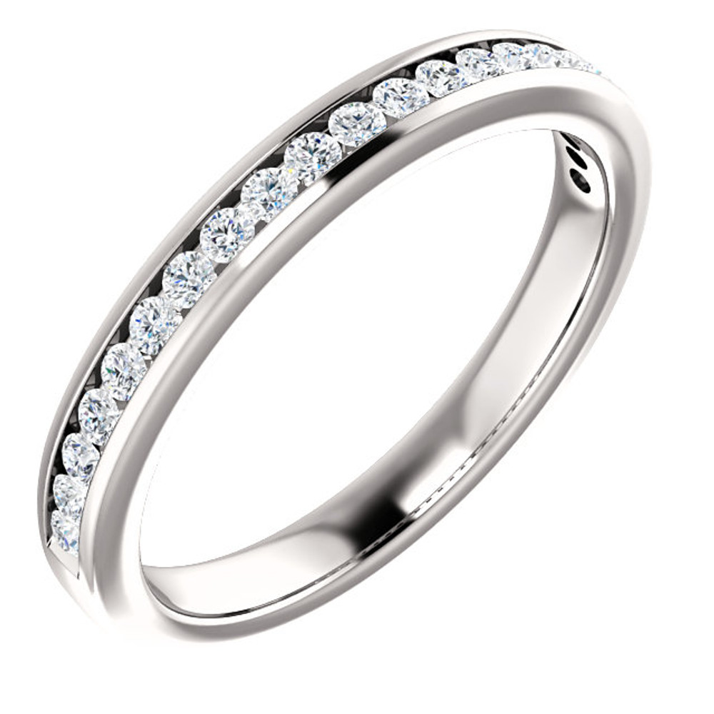 This eternity-style wedding band showcases round-cut white diamonds in channel setting. This jewelry is crafted of rich 14-karat white gold and shines with a high polish.