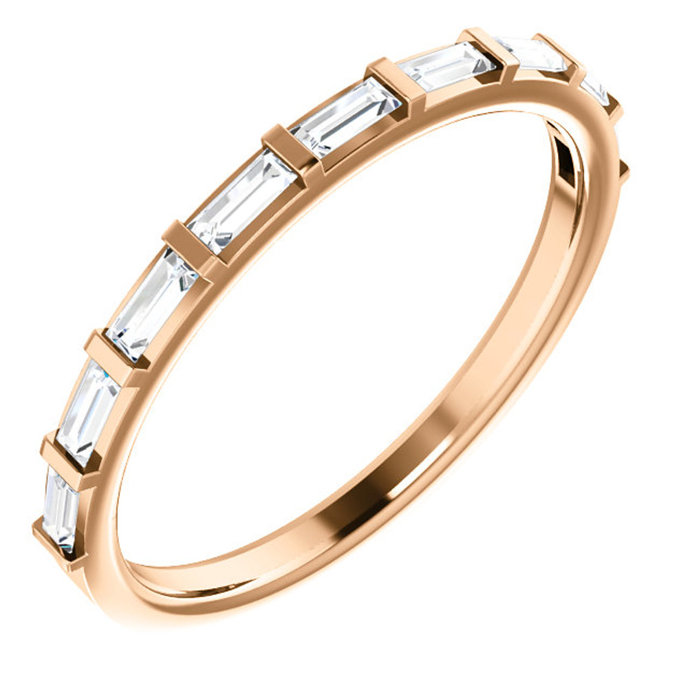 This 1/4 ct diamond straight baguette ring is made of polished 14kt rose gold. Diamonds are set end to end and separated by sleek bars of gold.