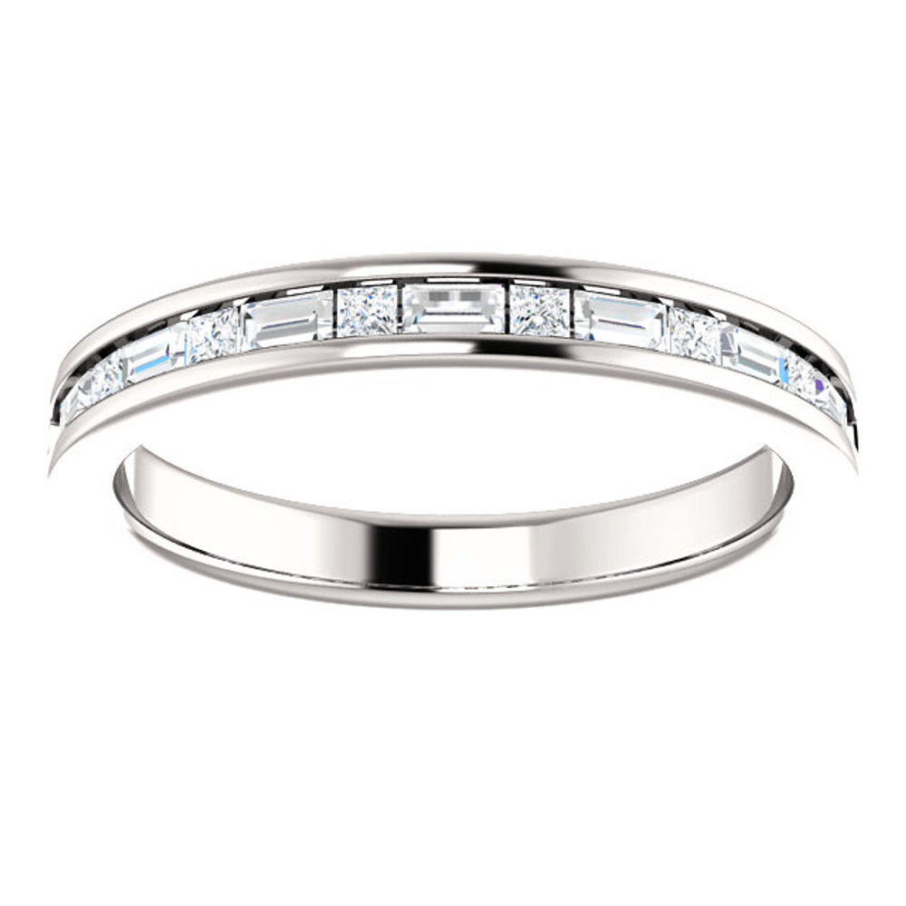 This anniversary wedding band showcases 15 white diamonds in a channel setting. This jewelry is crafted of rich 14-karat white gold and shines with a high polish.