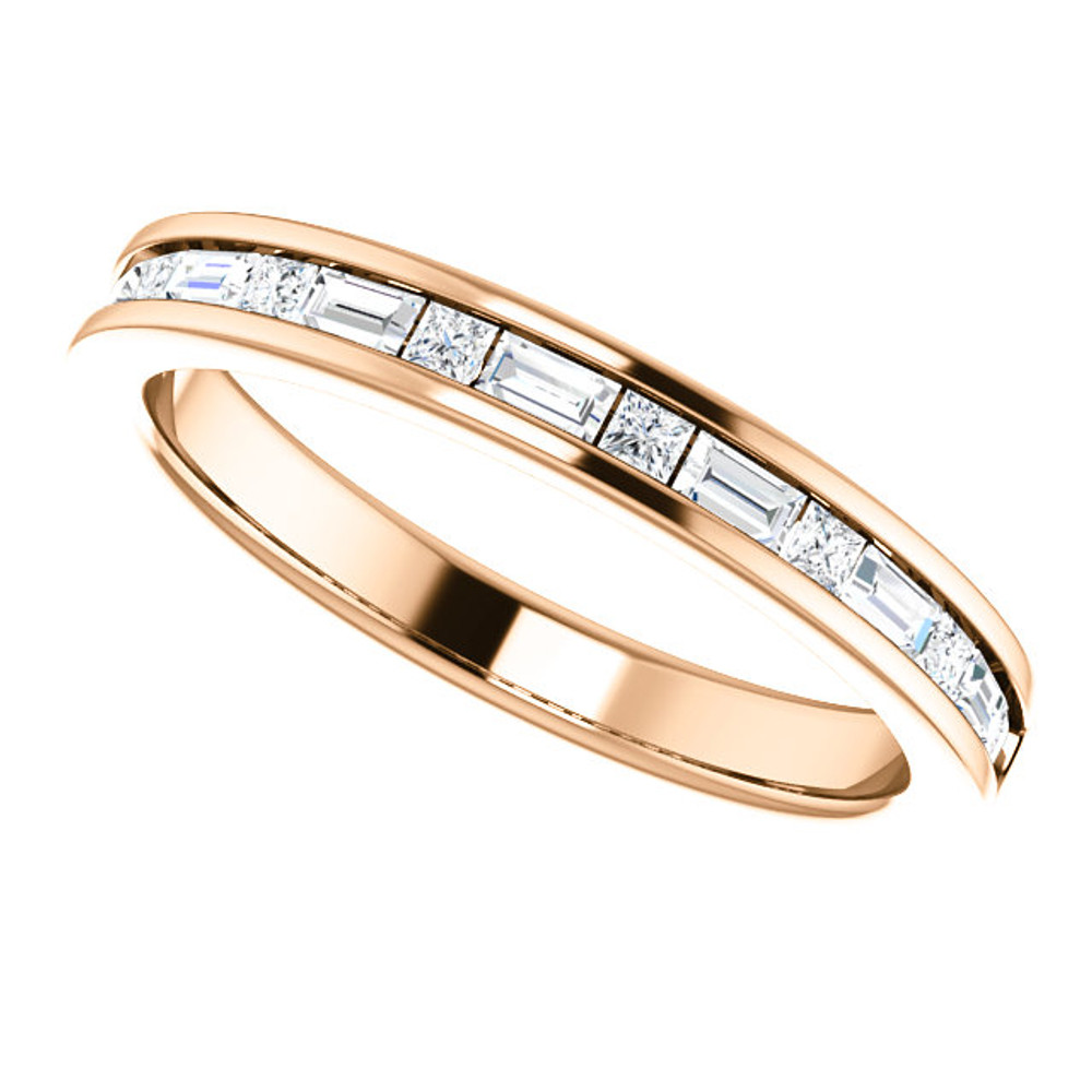 This anniversary wedding band showcases 15 white diamonds in a channel setting. This jewelry is crafted of rich 14-karat rose gold and shines with a high polish.