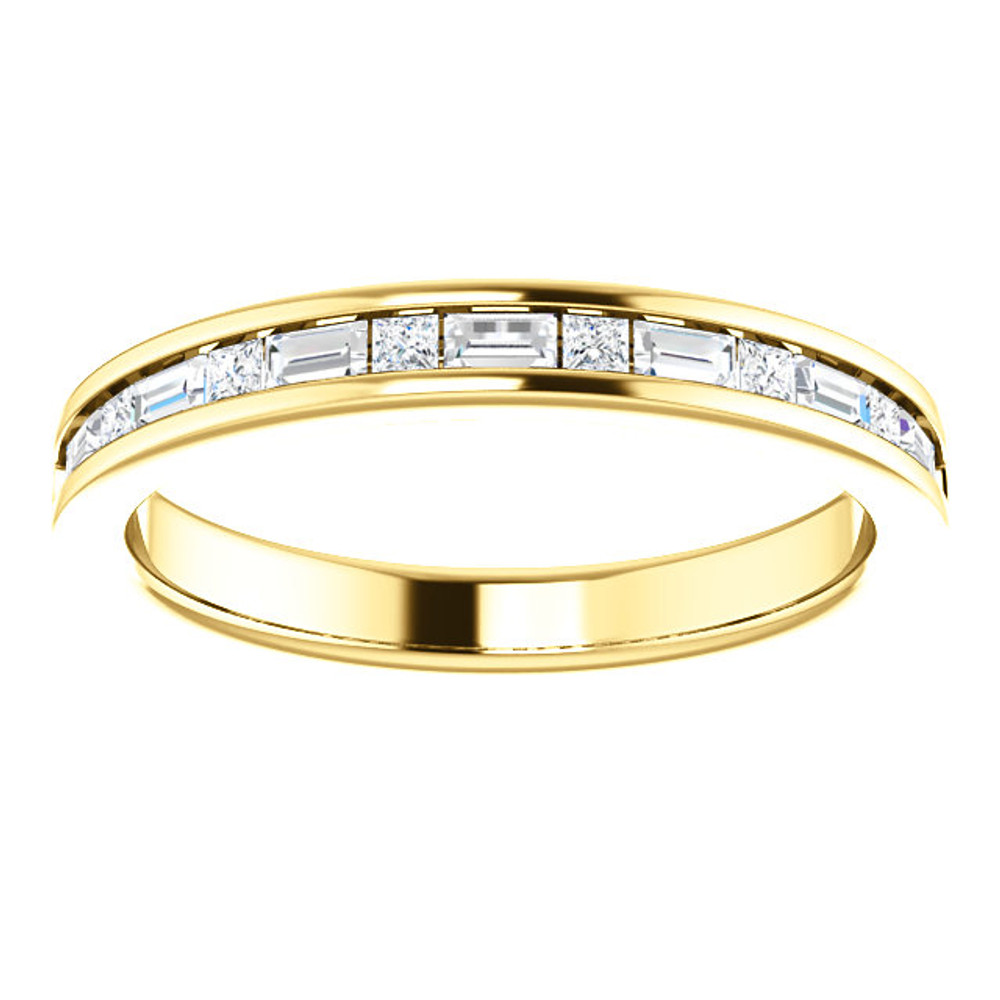 This anniversary wedding band showcases 15 white diamonds in a channel setting. This jewelry is crafted of rich 14-karat yellow gold and shines with a high polish.