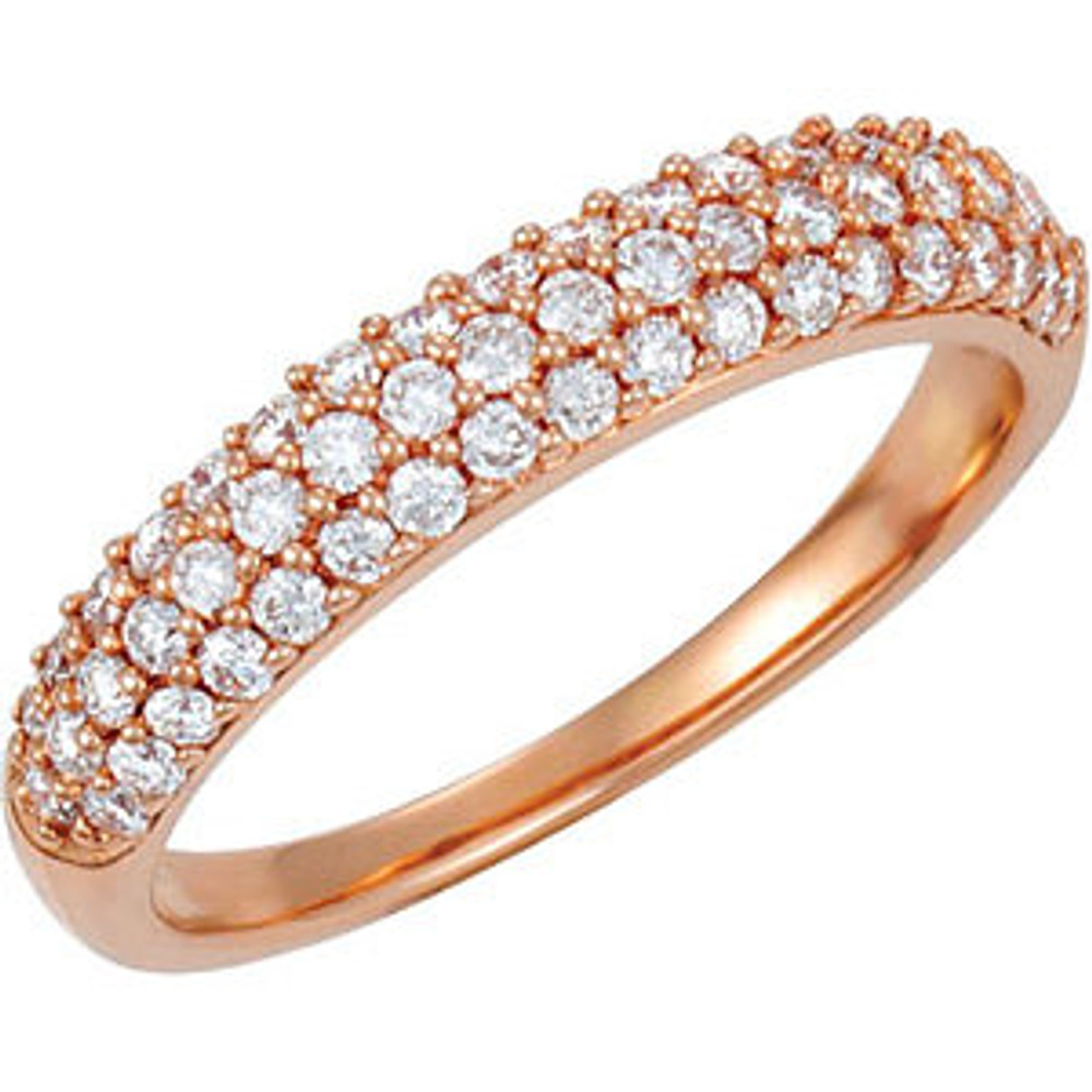 Shimmering round brilliant diamonds encircle this elegant anniversary band designed in 14K rose gold and featuring pave-setting.