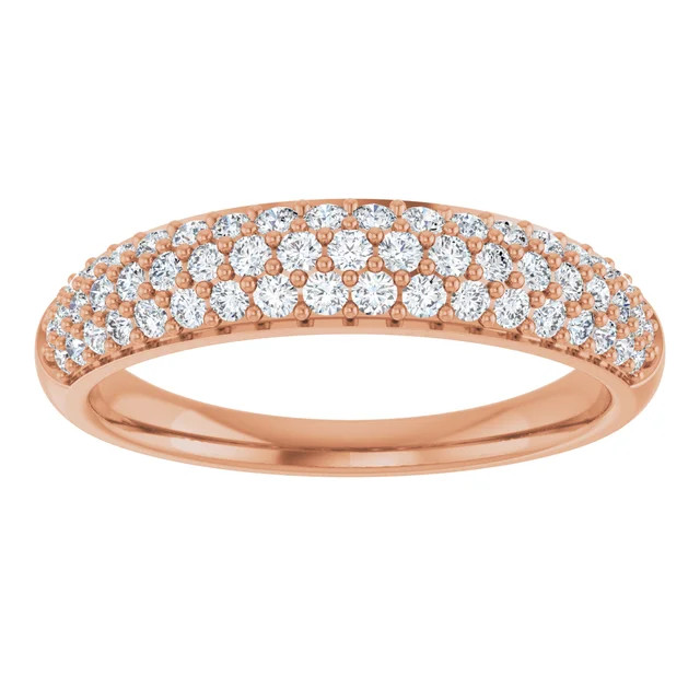 Shimmering round brilliant diamonds encircle this elegant anniversary band designed in 14K rose gold and featuring pave-setting.