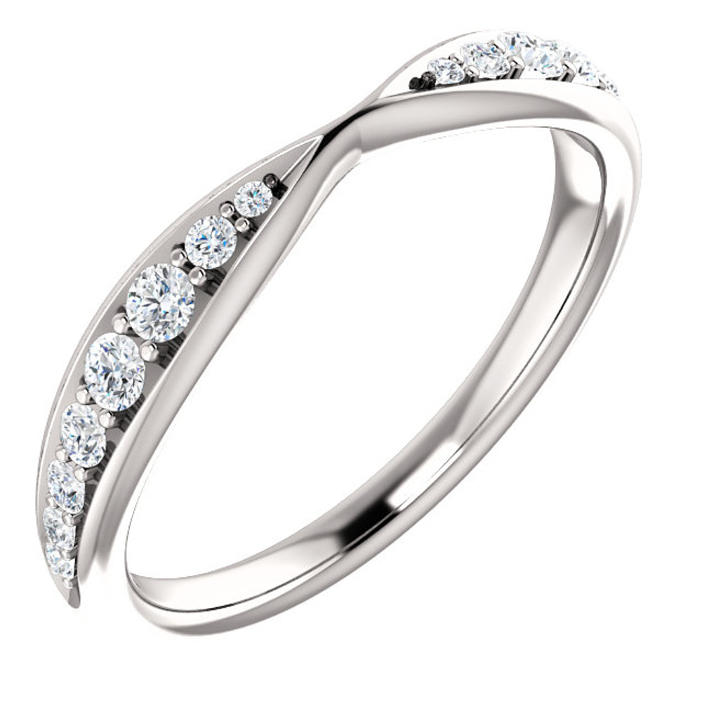 Promise to love, honor and cherish her with this exquisite diamond wedding band. Crafted in platinum, this contoured band is lined with 16 shimmering prong-set diamonds. A meaningful look of love, this ring captivates with 1/4 ct. t.w. of diamonds and a bright polished shine.