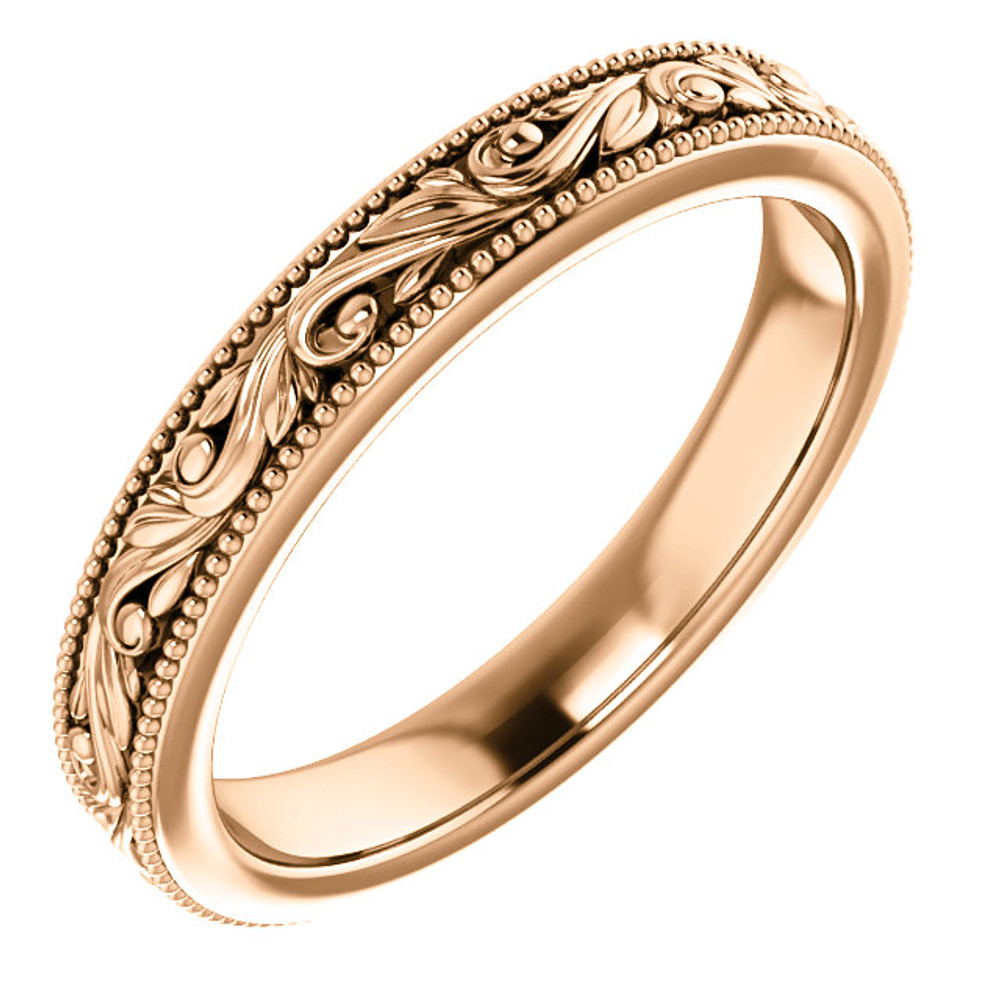 Exquisitely hand-engraved, this wedding ring features a beautiful design in 14k rose gold.
