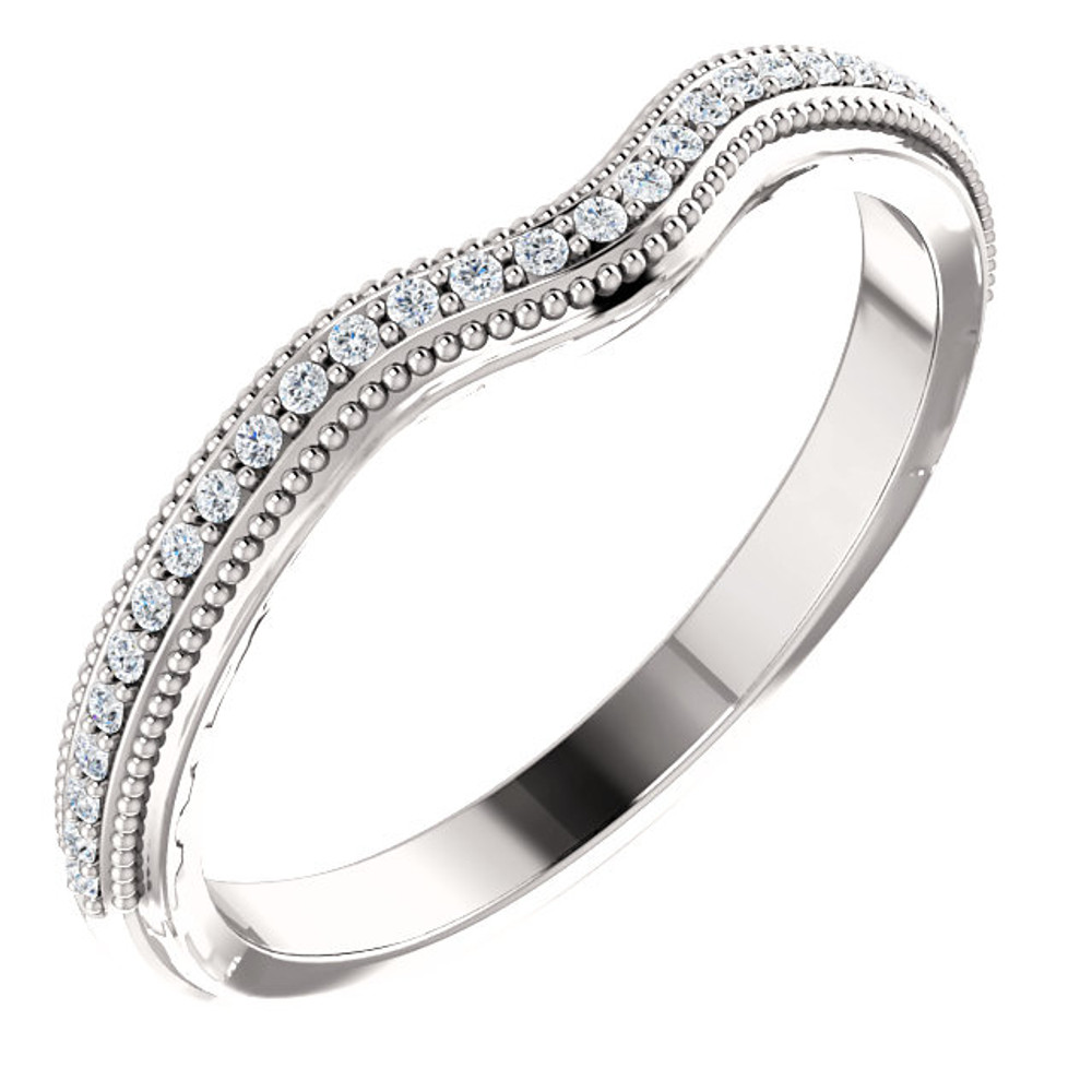 This beautiful diamond wedding band features sparkling 1/8 carat total weight round diamonds in a unique 14 karat white gold edged with a lovely vintage style that will make a great complement to her engagement ring on her very special wedding day