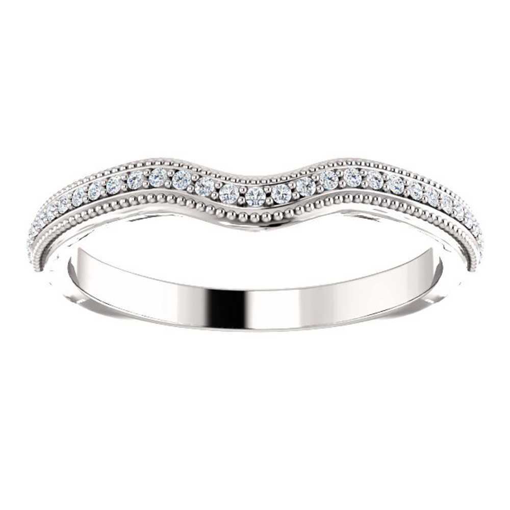 This beautiful diamond wedding band features sparkling 1/8 carat total weight round diamonds in a unique 14 karat white gold edged with a lovely vintage style that will make a great complement to her engagement ring on her very special wedding day