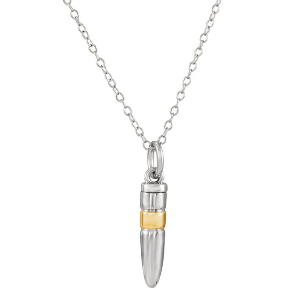 Sterling Silver Bullet Shaped Ash Holder Urn Pendant with 14k yellow gold plated accent on 18'' Sterling Silver chain.