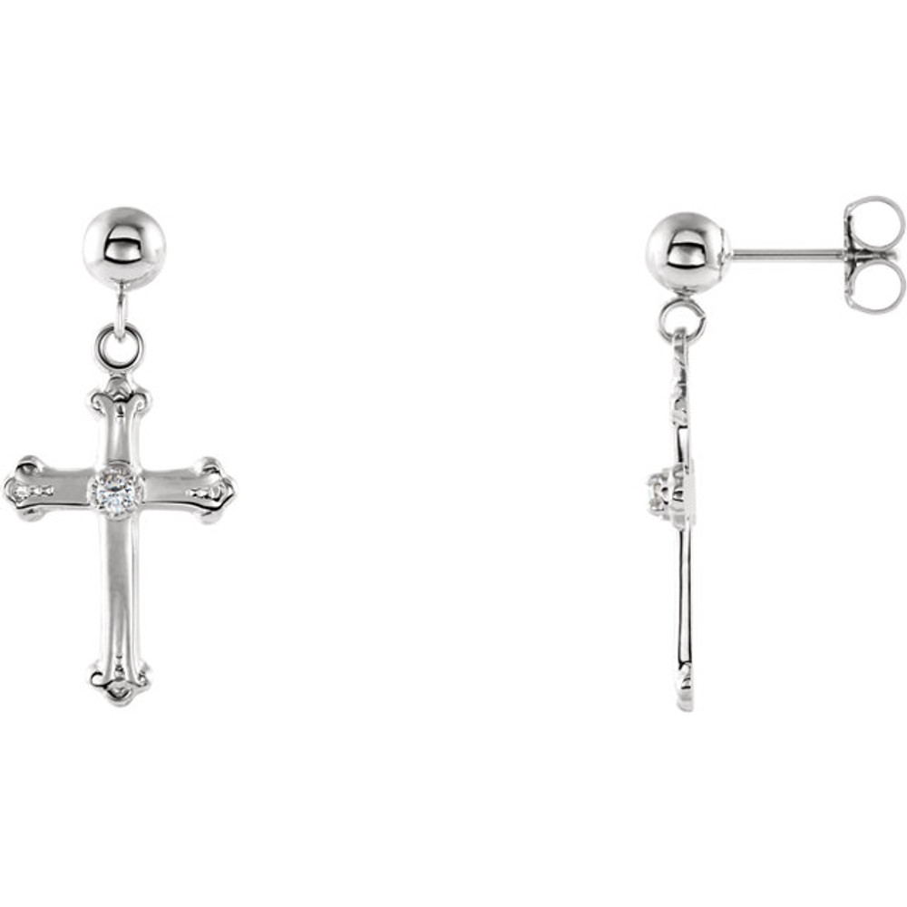 Simple elegance in a faith inspired design diamond cross dangle earrings fashioned from 14k white gold. Earrings measure 15.00x10.50mm with a bright polish to shine.