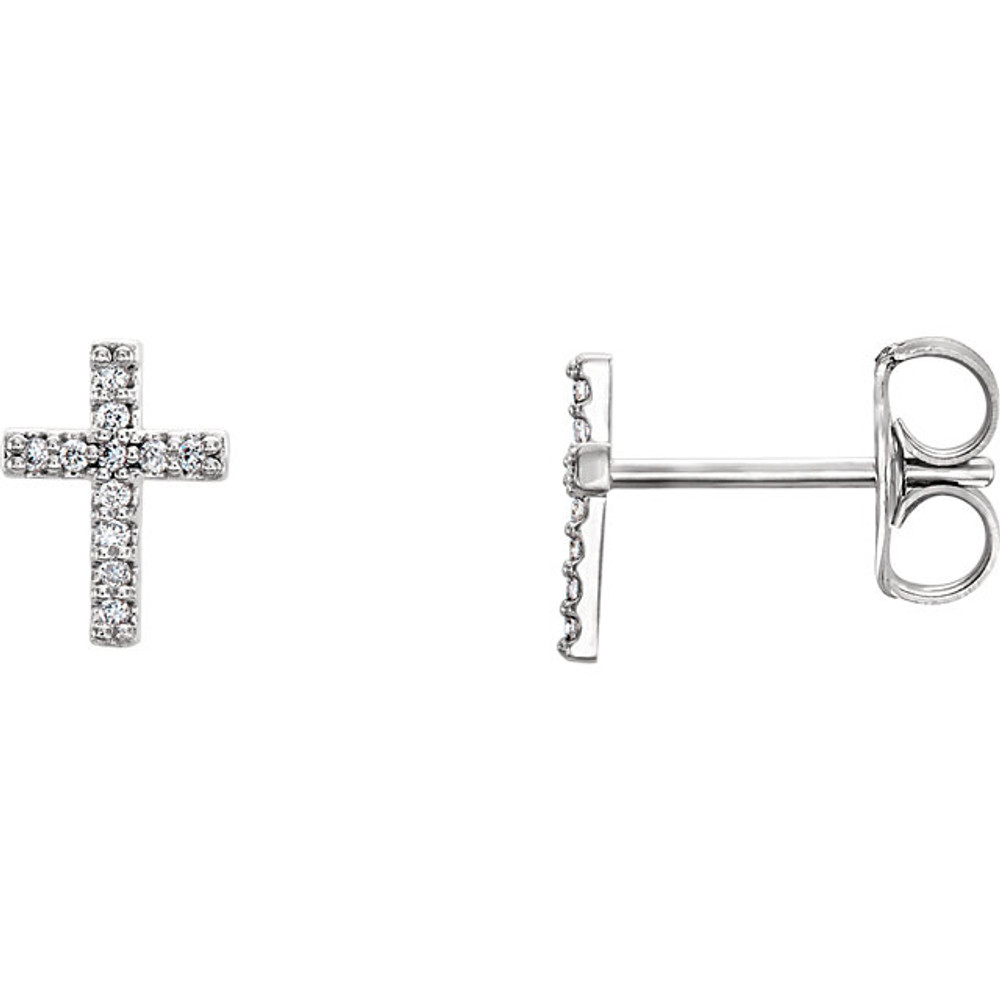 Share your faith with these diamond cross earrings with 22 round full cut diamonds. Set in Sterling Silver, these cross shaped earrings feature a total weight of 0.06 carats of diamond light. These stud-style cross earrings with their diamond sparkle sit close to the ear and are sure to light up any outfit, any time. 