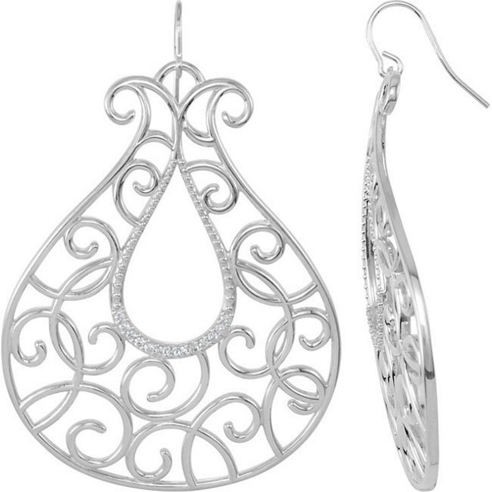 Superb style is found in these sterling silver earrings accented with the brilliance of round full cut white diamonds. Total weight of the diamonds is 1/4 carats.