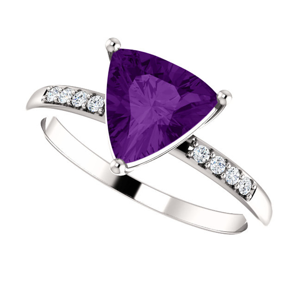 A true timeless classic, this ring features an always stylish trillion-cut amethyst gemstone complimented with beautiful round diamonds. 
