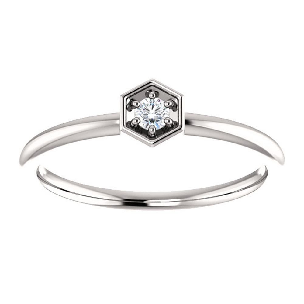 This gorgeous diamond hexagon stackable ring can be worn on its own, or it can be stacked with other rings to really make a dramatic style statement. It has a very simple and timeless design with .06 ct tw diamond that twinkle and shine. This beautiful ring is pictured here in sophisticated Sterling Silver