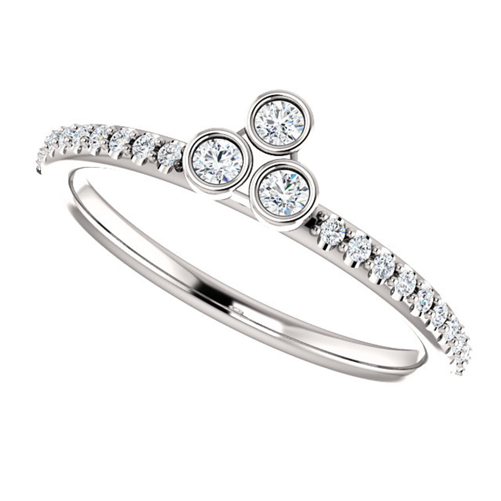 Celebrate a special occasion with this sparkling three-stone asymmetrical stackable diamond ring. This lovely, 1/5 ct. tw. diamond three-stone stackable ring is fashioned from high-polished platinum. Diamonds are G-H in color and I1 or better in clarity.