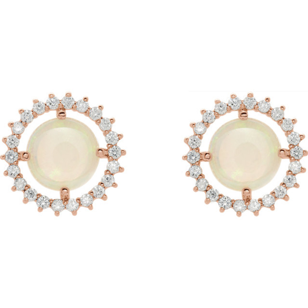 Exquisite 14Kt rose gold earrings capturing the beauty of a round radiant genuine opal in each surrounded by white shimmering diamonds.