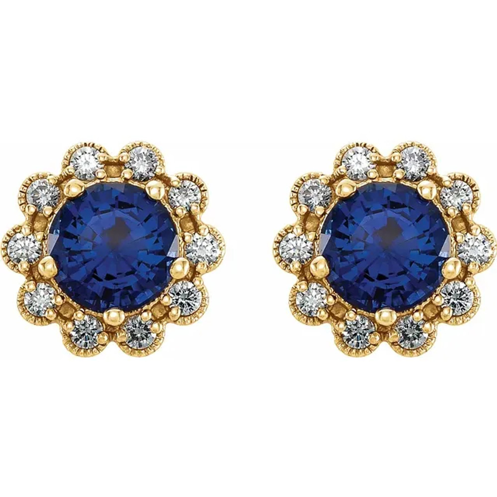 Colorful round natural sapphires outlined with sparkling round diamonds form these lovely earrings for her. Crafted in 14k yellow gold, the earrings have a total diamond weight of 1/3 carat and are secured with friction backs. Sapphire is commonly subjected to enhancement processes or treatments such as heating and diffusion. Gently clean by rinsing in warm water and drying with a soft cloth.