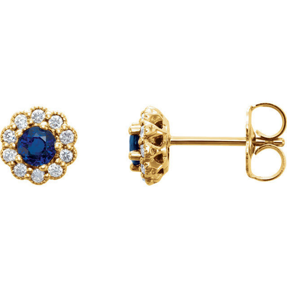 Colorful round natural sapphires outlined with sparkling round diamonds form these lovely earrings for her. Crafted in 14k yellow gold, the earrings have a total diamond weight of 1/6 carat and are secured with friction backs. Sapphire is commonly subjected to enhancement processes or treatments such as heating and diffusion. Gently clean by rinsing in warm water and drying with a soft cloth.