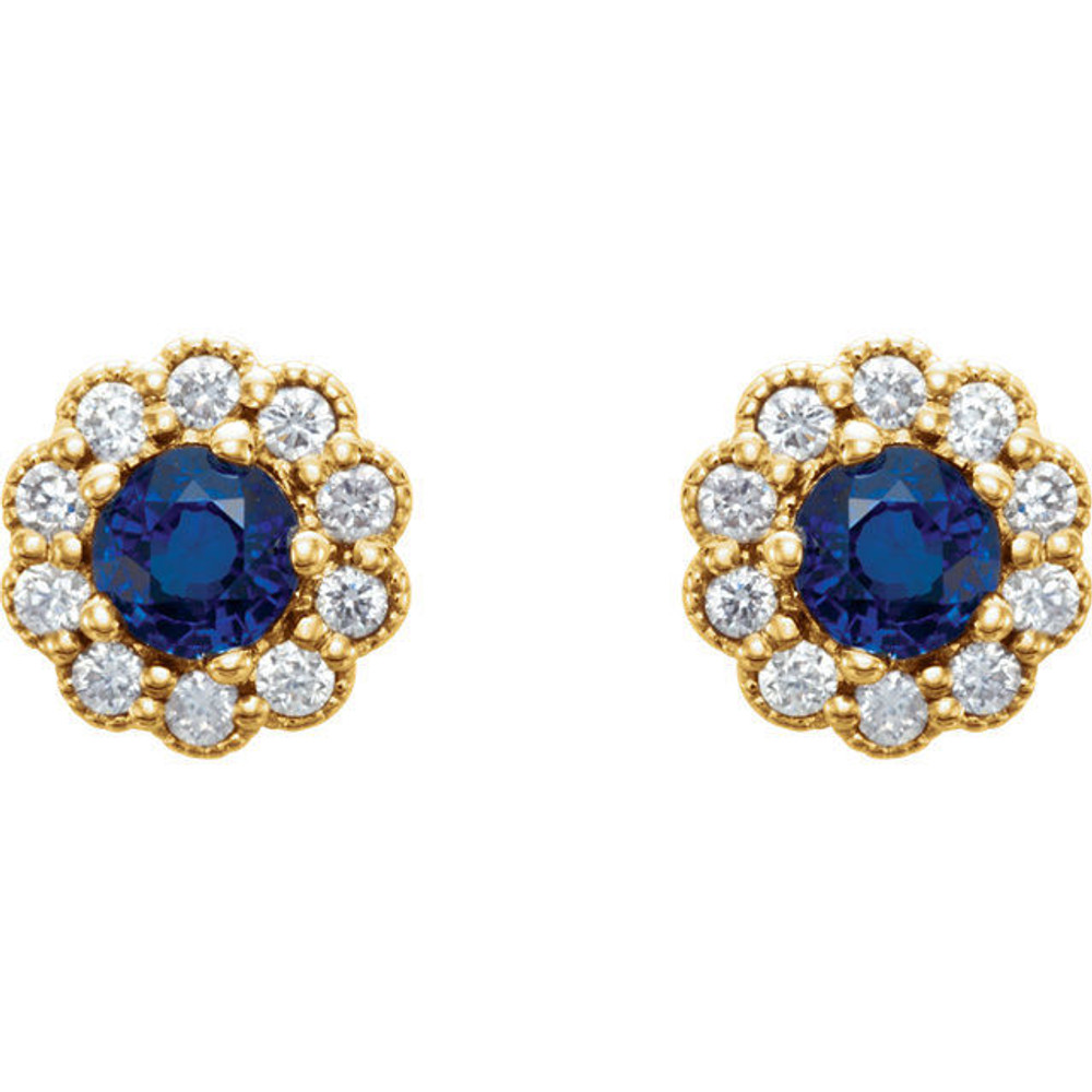 Colorful round natural sapphires outlined with sparkling round diamonds form these lovely earrings for her. Crafted in 14k yellow gold, the earrings have a total diamond weight of 1/6 carat and are secured with friction backs. Sapphire is commonly subjected to enhancement processes or treatments such as heating and diffusion. Gently clean by rinsing in warm water and drying with a soft cloth.