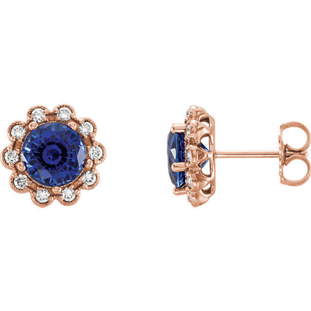 Colorful round natural sapphires outlined with sparkling round diamonds form these lovely earrings for her. Crafted in 14k rose gold, the earrings have a total diamond weight of 1/3 carat and are secured with friction backs. Sapphire is commonly subjected to enhancement processes or treatments such as heating and diffusion. Gently clean by rinsing in warm water and drying with a soft cloth.