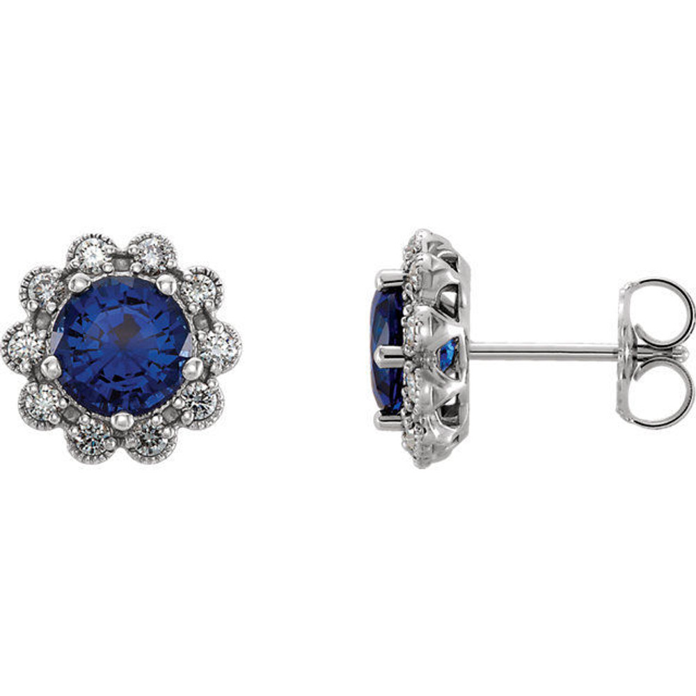 Colorful round natural sapphires outlined with sparkling round diamonds form these lovely earrings for her. Crafted in 14k white gold, the earrings have a total diamond weight of 1/3 carat and are secured with friction backs. Sapphire is commonly subjected to enhancement processes or treatments such as heating and diffusion. Gently clean by rinsing in warm water and drying with a soft cloth.