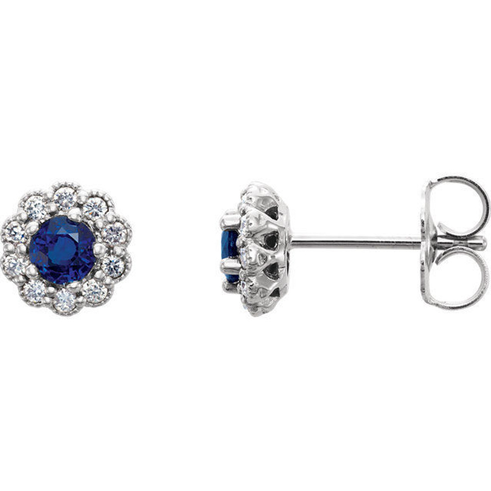 Colorful round natural sapphires outlined with sparkling round diamonds form these lovely earrings for her. Crafted in platinum, the earrings have a total diamond weight of 1/3 carat and are secured with friction backs. Sapphire is commonly subjected to enhancement processes or treatments such as heating and diffusion. Gently clean by rinsing in warm water and drying with a soft cloth.